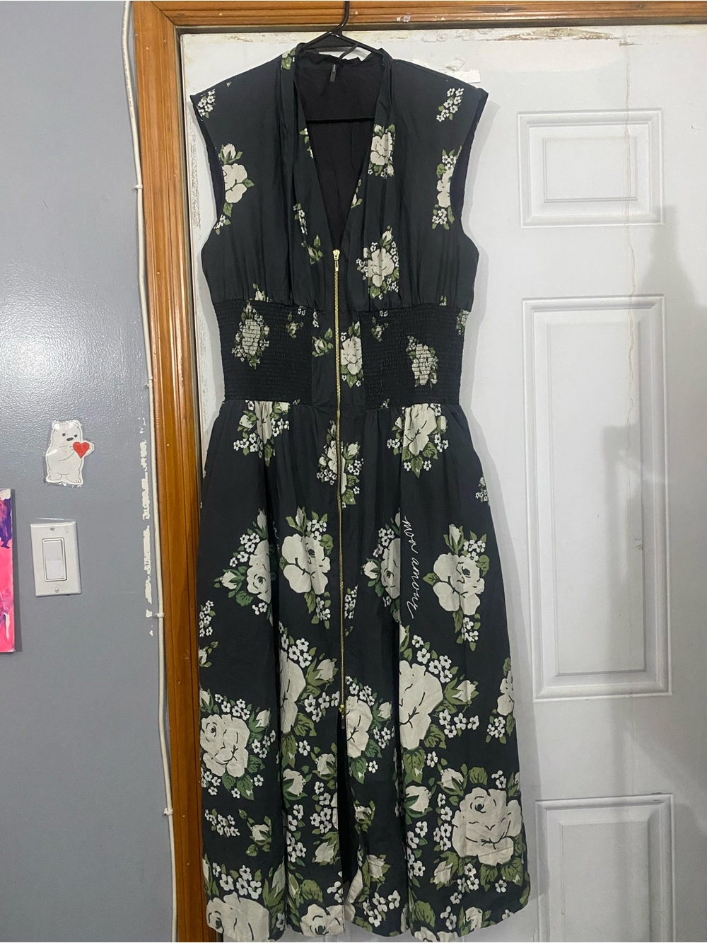 Anthropologie Black Midi Dress with White and Green Floral Print Size XL
